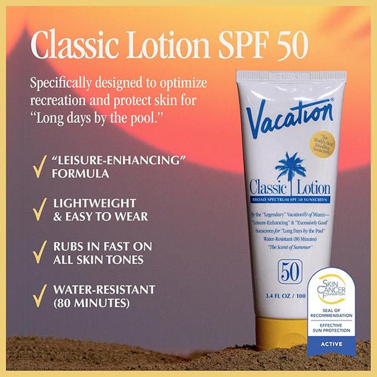 Vacation Classic Sunscreen Lotion SPF 50 & Air Freshener Bundle, Water-Resistant, Lightweight, Transparent on All Skin Tones, Dermatologist-Tested, Vegan, Travel Size, 3.4 Fl. Oz.