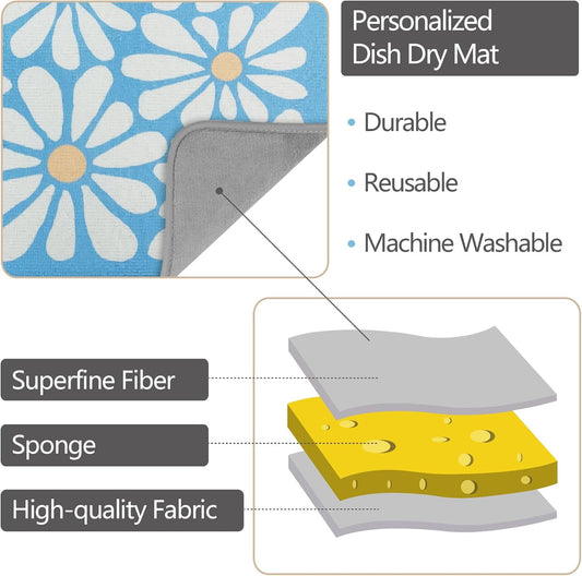 SHIYUE Dish Drying Mat for Kitchen Counter Super Absorbent Spring Kitchen Decor Microfiber Drying Matainers Rack Fast Pad Dish Drainer Mats(Sky Blue Flower,18''x24'')