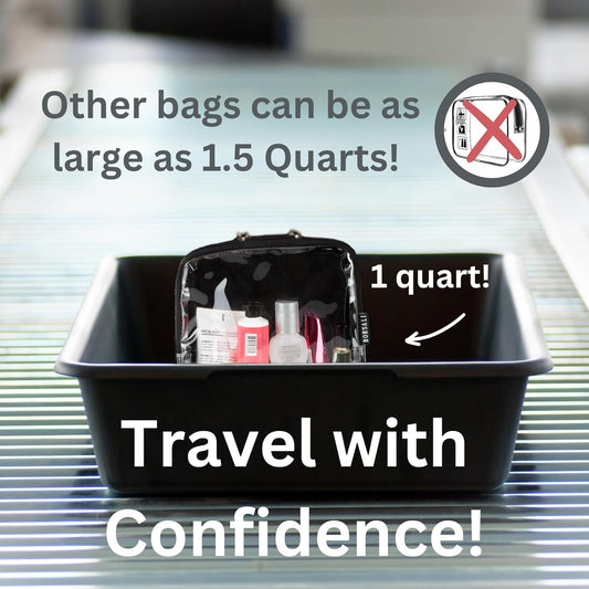 BORSALI TSA-Approved Quart-Sized Bag for Carry-On Travel - One (1) Quart Clear Toiletries, Cosmetic and 3-1-1 Liquids Toiletry Bag - Black With Handle