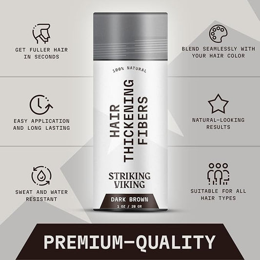 Striking Viking Hair Fibers for Thinning Hair, Dark Brown (28g) - Long Lasting, Undetectable Natural Building Powder for Thicker Looking Results, Men & Women