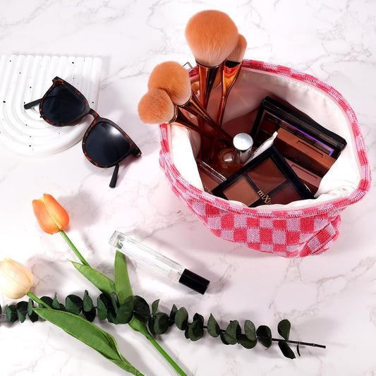 ZLFSRQ 2Pcs Makeup Bag Checkered Cosmetic Bag Set Travel Toiletry Bags for Purse Large Small Makeup Pouch for Women Cute Preppy Pencil Pouch Case Pink Zipper Skincare Bags