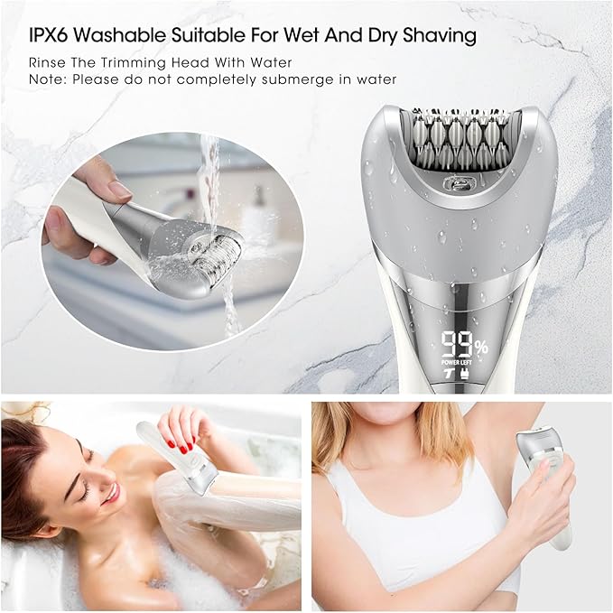 Epilator for Women, 7 in 1 Epilator Hair Removal for Women, Shaver, Bikini, Face Razor, Facial Brush, Face Massage and Body Exfoliator, IPX6 Waterproof Painless Lady Shaver Wet & Dry (White)