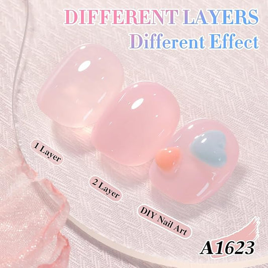 Double Rhythm 0.50 OZ Translucent Gel Polish Same Color Same Bottle Sheer Pastel Neutral Natural Milky 15 ML Jelly UV Nail Art DIY at Home (Pink-A1623)