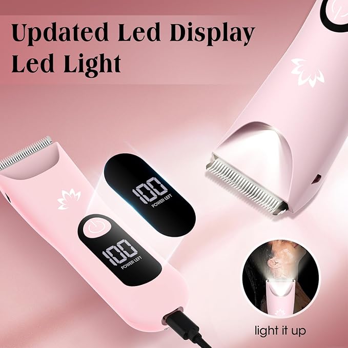 Dermave Bikini Shaver Bikini Trimmer for Women,Cordless Pubic Hair Trimmer,IPX7 Waterproof & LED Display Ladies Electric Razors Body Hair Trimmers for Underarm Leg Arm,Gifts Pink
