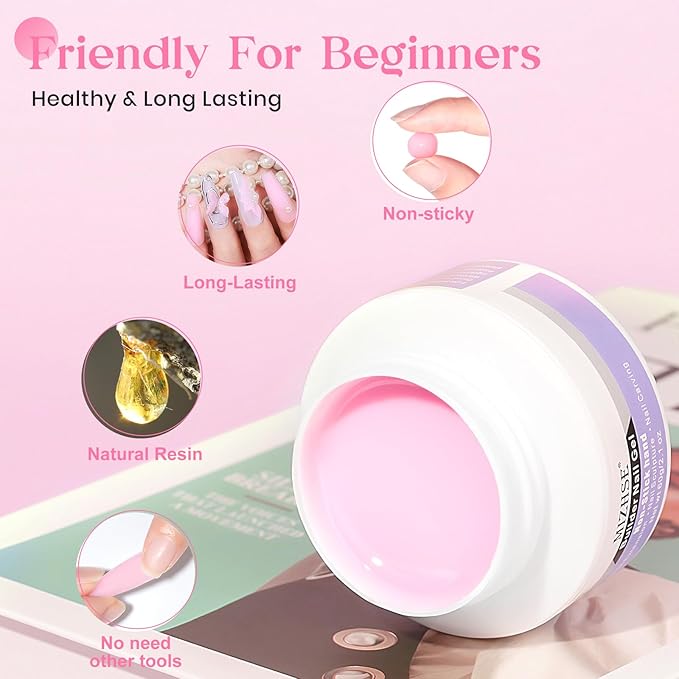 MIZHSE Solid Nail Builder Gel, 2.1 oz 60g Pink Builder Gels for Nails Non-Sticky Solid Builder Extensions Hard Gel with 24pcs Dual Forms and Silicone Pen 3D Art Manicure Set