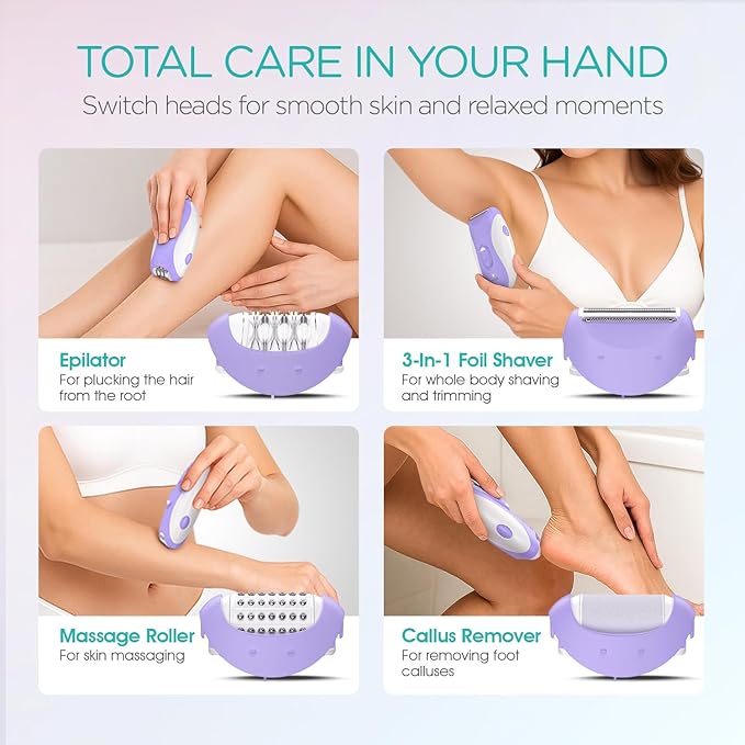 Epilator for Women-Cordless Epilators Hair Removal for Women, 4-in-1 Electric Razor Hair Remover, 2 Speeds & 21 Tweezers for Face Legs Arms Armpit Bikini, Purple HR310
