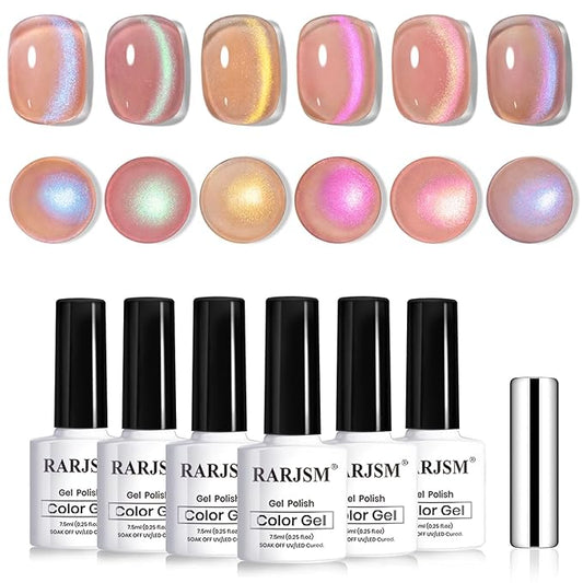 RARJSM Aurora Glitter Cat Eye Gel Nail Polish Set 6Pcs Nude Pink Light Purple Gold Brown Green Blue Galaxy Mermaid Glitter Cateye Gel Polish with Magnetic Stick UV LED Curing Require Home Salon