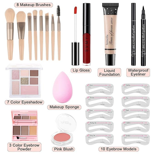 Makeup Kit for Teens Girls, Makeup Present Set for Women, Makeup Full Kit for Beginners, Mini Makeup Bundle Include 7 Pink colors Matte & Shimmer Pigmented Eyeshadow Palette, Eyebrow Powder