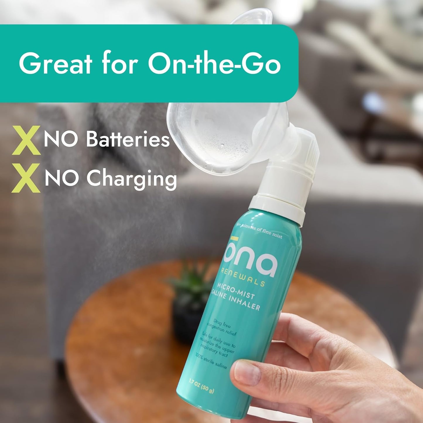 ONA Renewals Saline Micro-Mist Nasal Inhaler, Congestion Relief for Adults, Cold and Flu, Allergy, Sinus Relief, Unscented, 1.7oz