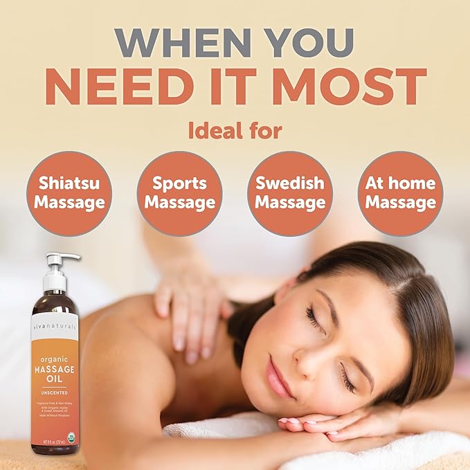 Viva Naturals Organic Massage Oil Unscented (8 fl. oz.) - Non-Greasy Body Oil with Mess-Free Pump, Moisturizing Massage Oils for Massage Therapy, Non-GMO and Certified Organic, 237 mL