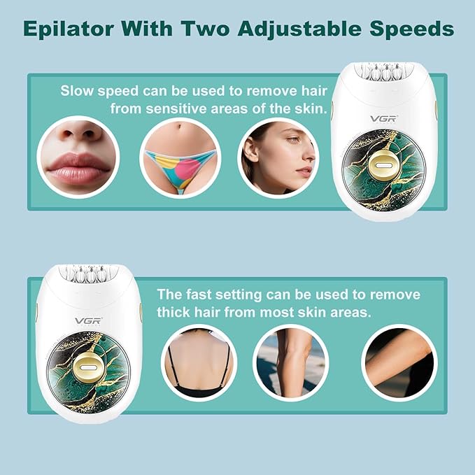 VGR 706 Professional Epilator for Women,Portable Cordless Smooth Glide Hair Removal Device for Legs, Underarm, Back,Full-Body Epilator with 18 Tweezers System, 2 Speeds Hair Removal with Silent Design