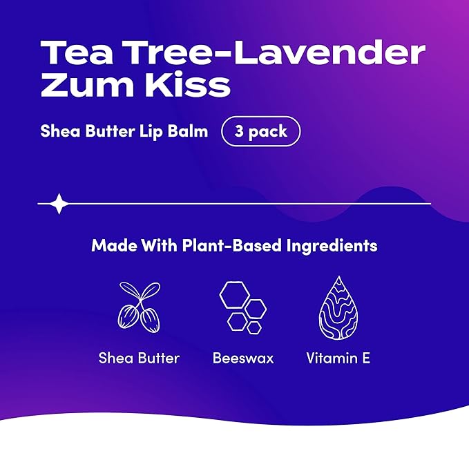 Zum Tea Tree-Lavender Kiss Stick (Pack of 3) with Certified Organic Sunflower Seed Oil, Beeswax, Shea Butter, Pure Essential Oils, Candelila Wax, Vitamin E and Honey, 0.15 oz