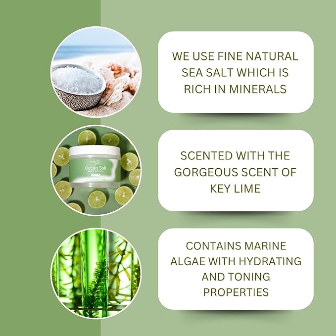 Sea Salt Body Scrub by Florida Suncare - Ocean Salt Body Polish Infused with Marine Algae - Exfoliating Face and Body Scrub - Facial Scrub Exfoliator to Tackle Acne (Key Lime, 3.3 oz)