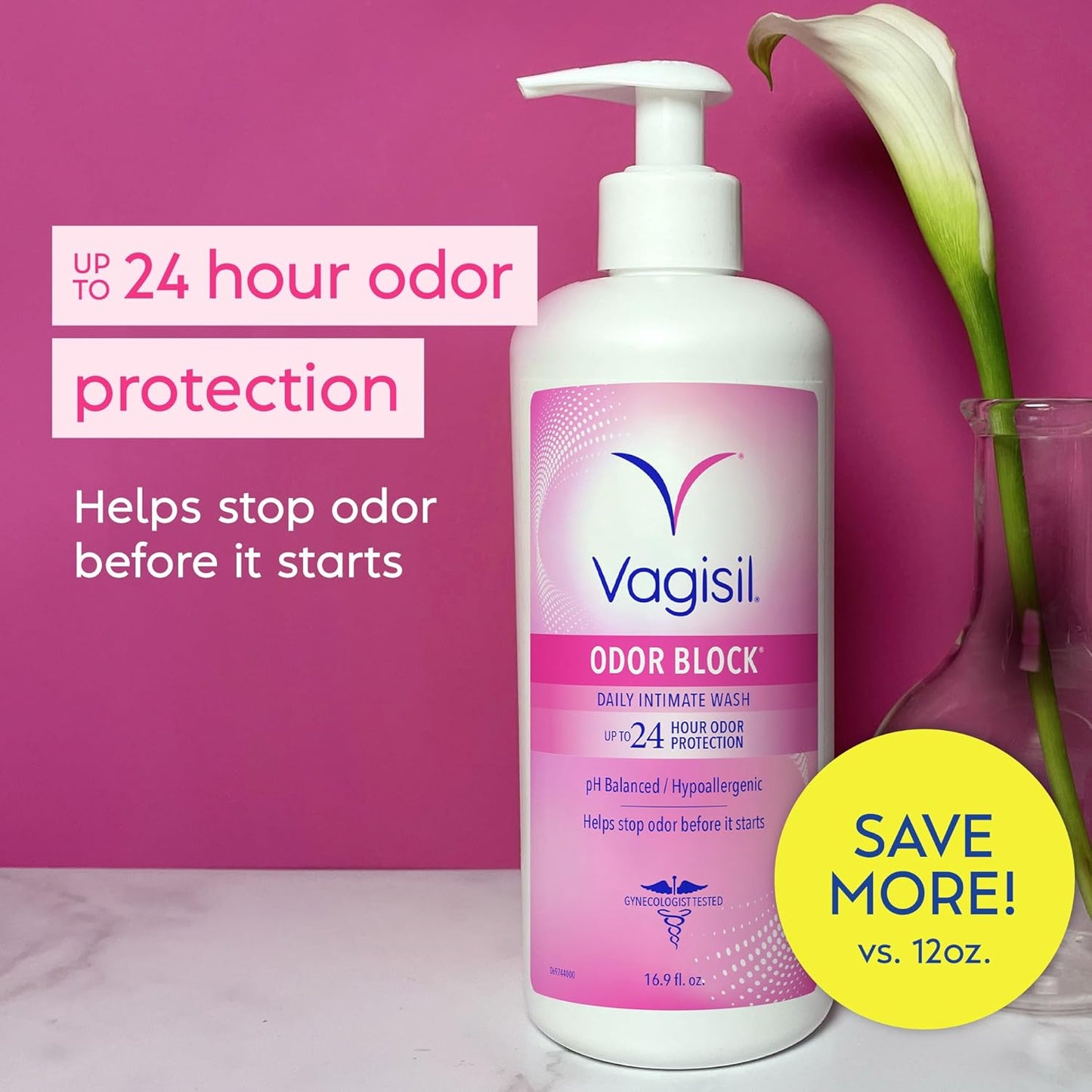 Vagisil Feminine Wash for Intimate Area Hygiene, Odor Block, Gynecologist Tested, Hypoallergenic, 16.9 oz with Pump