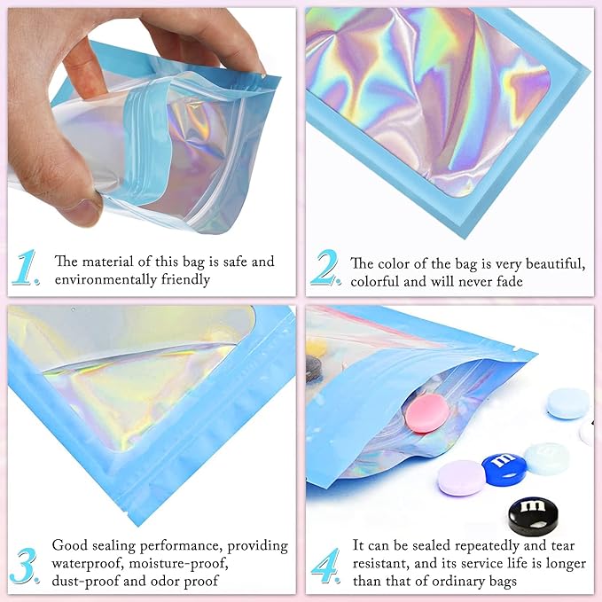 ANZNKU 100 Pcs Smell Proof Mylar Resealable Bags, Holographic Packaging Bags, Resealable Odor Foil Pouch Zip Bag with Clear Window for Food Storage and Lipgloss, Jewelry Lash (Blue, 3.9 x 7.1 Inch)