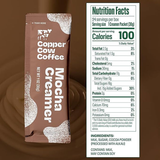 Copper Cow Coffee Sweetened Mocha Milk Creamer Singles (24 pack) | Vietnamese Inspired Coffee Creamer, All Natural Creamer Packets for Pour Overs & Lattes | No Refrigeration Needed