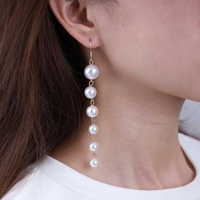 Boho Long Pearl Drop Earrings Vintage Gold Tassel Pearl Dangle Earrings Statement Pearl Chain Drop Dangle Earrings Wedding Prom Bridal Pearl Hook Earrings Jewelry for Women