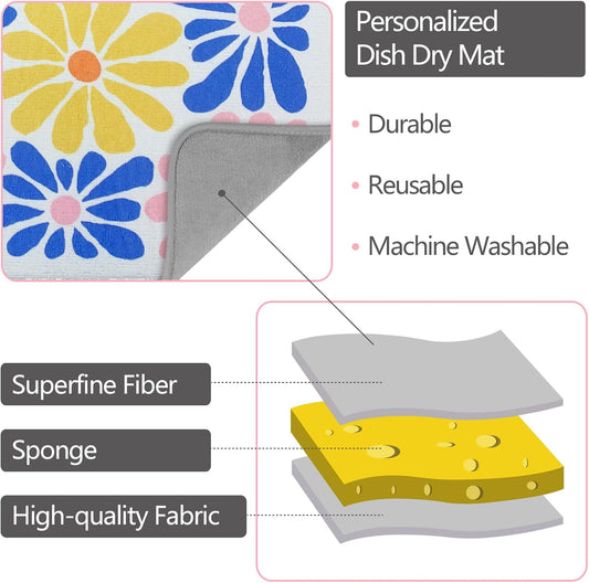 SHIYUE Dish Drying Mat for Kitchen Counter Super Absorbent Spring Kitchen Decor Microfiber Drying Matainers Rack Fast Pad Dish Drainer Mats(Color Flower,18''x24'')