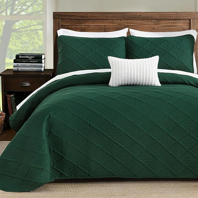 Yiran California King Quilt Set, Emerald Green Oversized Bedspread Bedding Set, Lightweight Diamond Pattern Soft Microfiber Modern Style Coverlet with 2 Pillow Shams 112x104 inch