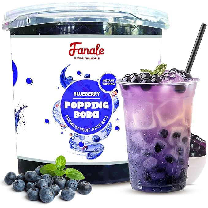 Fanale Blueberry Popping Boba Pearls, Vegan, Non GMO, Gluten Free, Fat Free, Perfect for Bubble Tea, Smoothies, Ice Cream, Desserts, and Beverages.