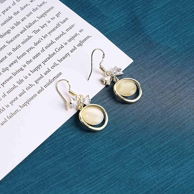 Vintage Circle Drop Earring Gold Cat Eye Stone Earrings Dangle Chalcedony Earrings with Bowknot Earrings Jewelry for Women and Teen Girls