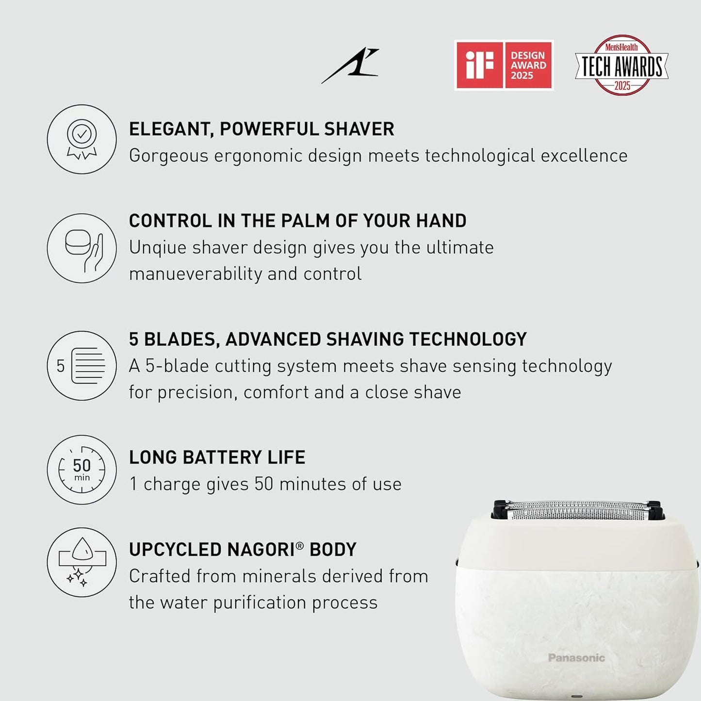 Panasonic ARC5 Palm-Sized Foil Shaver for Men, Powerful Travel Electric Razor, USB-C Charge Wet/Dry, Easy Clean Luxury Japanese 5-Blade, Smooth & Precise Cut w/Smart Sensor (Natural Sea Stone)