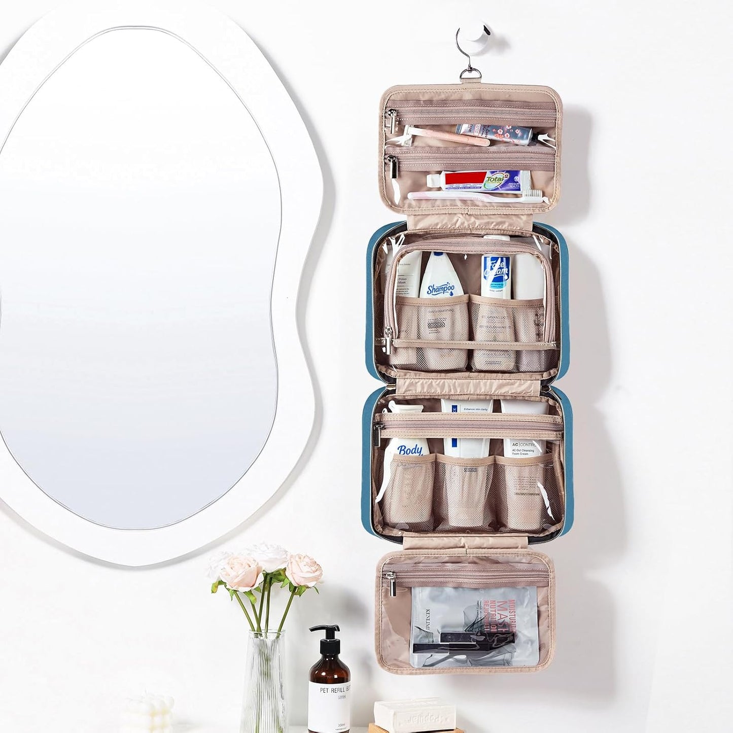 NISHEL Travel Toiletry Bag for women, Portable Hanging Organizer for Full-Sized Shampoo, Conditioner, Brushes Set, Makeup Accessories, Large Size, Lake-Blue