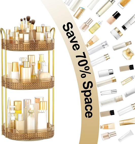 Rotating Makeup Organizer for Vanity 3 Tier, Perfume Organizer with Makeup Brush Holder, Large Capacity Cosmetics Clear Skincare Organizer for Countertop (Pink)