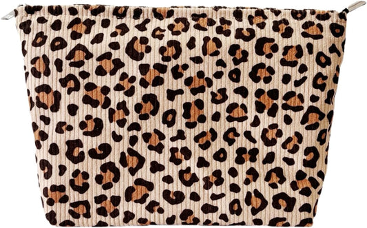 Leopard Print Corduroy Makeup Bag for Women – Soft Cosmetic Travel Pouch with Zipper Closure, Large Toiletry Organizer with Lining, Stylish Animal Print Makeup Case for Purse or Travel
