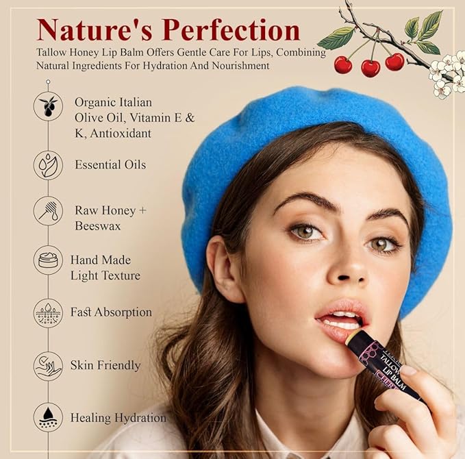 Tallow Lip Balm (3 Pack) - Hydrating With Organic Italian Olive Oil, Pure Grass Fed Tallow, and Beeswax - Long Lasting Lip Therapy (Mint)