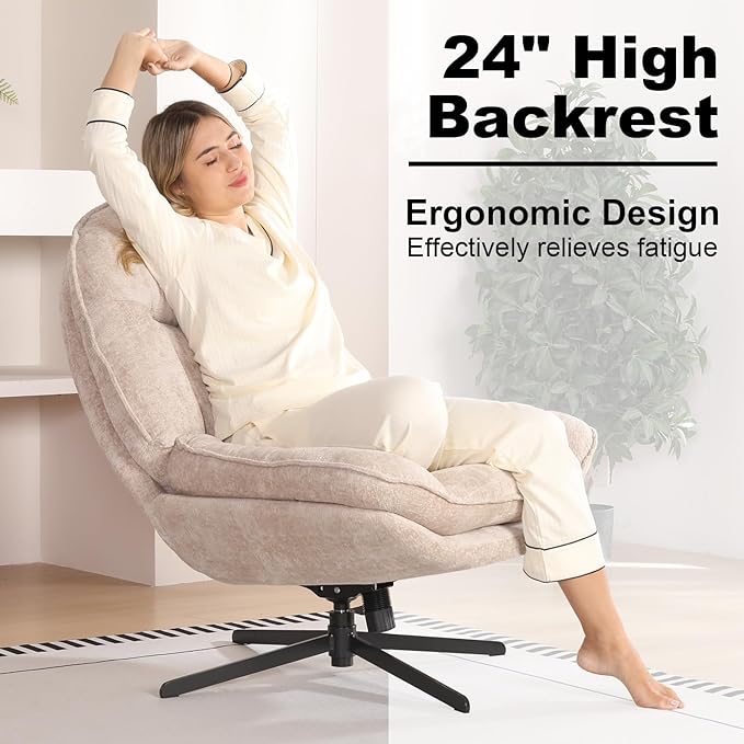 1 Pack 360°Free Swivel Accent Chair for Living Room, Slightly 20°Rocking, 24" High Backrest Upholstered Armchair, Ergonomic Design, Chenille Breathable Soft Fabric Modern Single Sofa, Beige