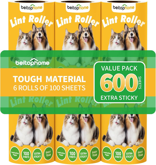 Extra Sticky Lint Roller for Pet Hairs, 600 Sheets Lint Rollers with Tough Paper, Ideal for Dog and Cat Hair Removal, Lint Rollers Mega Value Set for Clothes, Carpet & Dust Cleaning