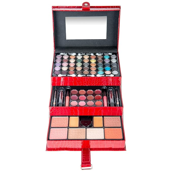SHANY All In One Makeup Kit (Eyeshadow, Blushes, Face Powder, Lipstick, Eye liners, Makeup Pencils and Makeup Mirror - Makeup Set With Reusable Makeup Storage Box - Red