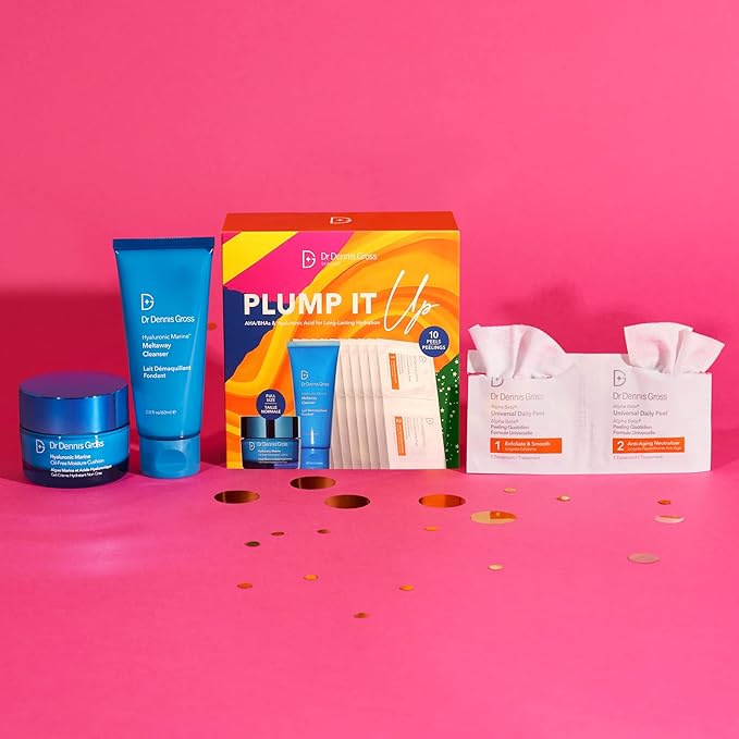 Dr Dennis Gross Plump It Up Kit: 3 Piece Dry Skin Essentials Set: Includes Hyaluronic Marine Moisture Cushion, Universal Daily Peel 10 App, Hyaluronic Marine Meltaway Cleanser