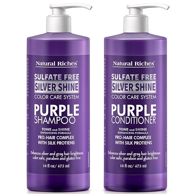 Natural Riches Radiant Silver Shine Purple Shampoo and Conditioner Set for Gray Hair - Paraben-Free and Color Safe – With Silk Proteins, Tones Dull Hair, Softens & Adds Shine - 16 fl oz