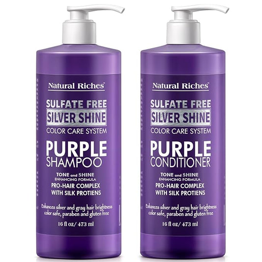 Natural Riches Radiant Silver Shine Purple Shampoo and Conditioner Set for Gray Hair - Paraben-Free and Color Safe – With Silk Proteins, Tones Dull Hair, Softens & Adds Shine - 16 fl oz