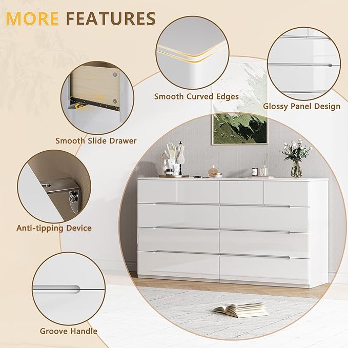 10 Drawer White Dresser for Bedroom, 55" Long Dresser Chest of Drawers, Large High Gloss Modern Storage Cabinet with Big Drawers Handle Free, Living Room, Entryway, Hallway