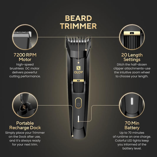 Men's Beard Trimmer - All-in-One Trimmer with Precision Dial - Premium Facial Hair Groomer - Adjustable 20 Length Setting, USB Recharge Dock, Cordless Waterproof Wet/Dry Clipper