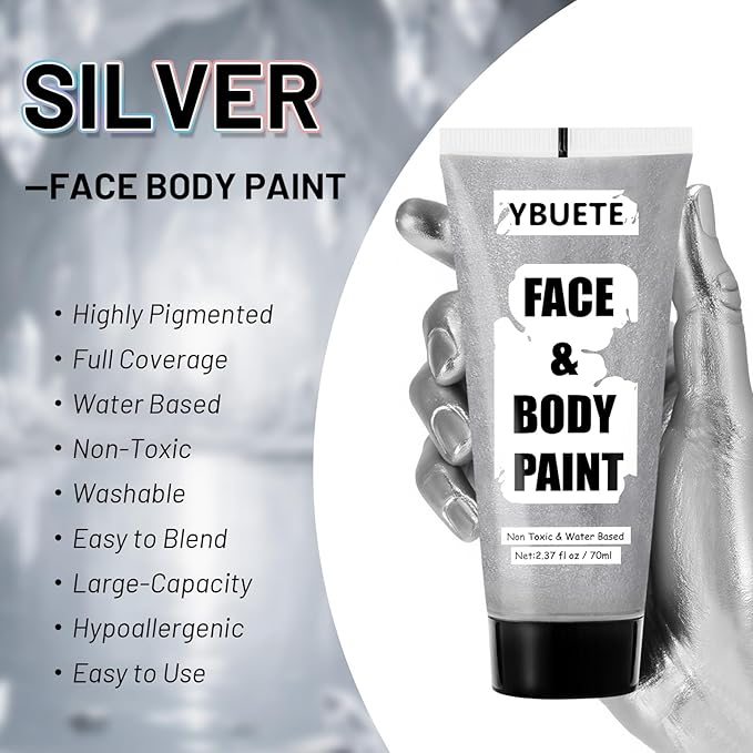 Sliver Water Based Face Body Paint, 2.37 OZ Large Tube Full Coverage Face Paint for Skull Goth Cosplay, Washable Metallic Silver Body Painting Cream for Adult Carnival Halloween SFX Makeup