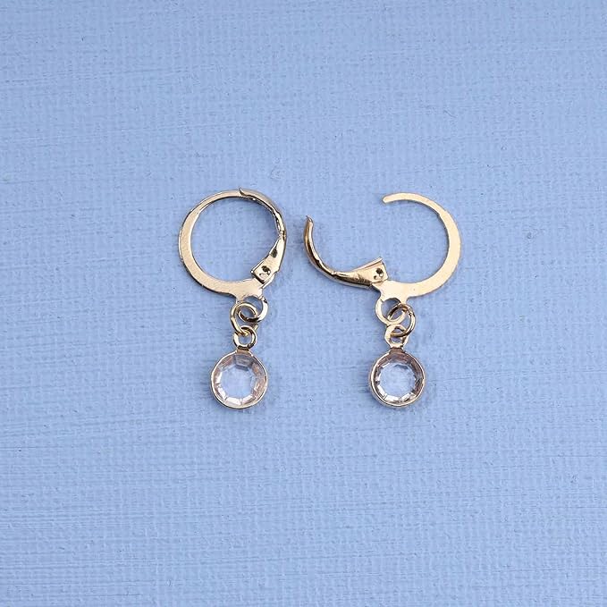 Round Bezel Dangle Earrings Gold Crystal Quartz Earrings Faceted Gemstone Earrings Tiny Circular Leverback Earrings Jewelry for Women and Girls