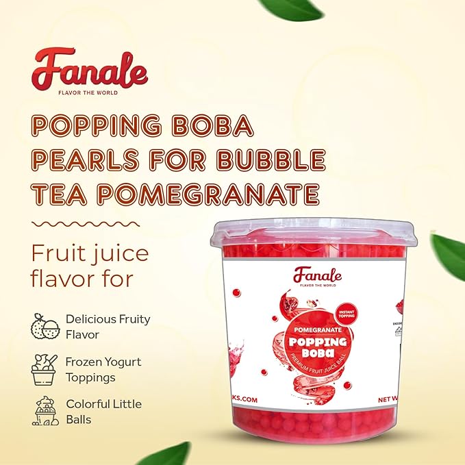 Fanale Pomegranate Popping Boba Pearls, Vegan, Non GMO, Gluten Free, Fat Free, Perfect for Bubble Tea, Smoothies, Ice Cream, Desserts, and Beverages.