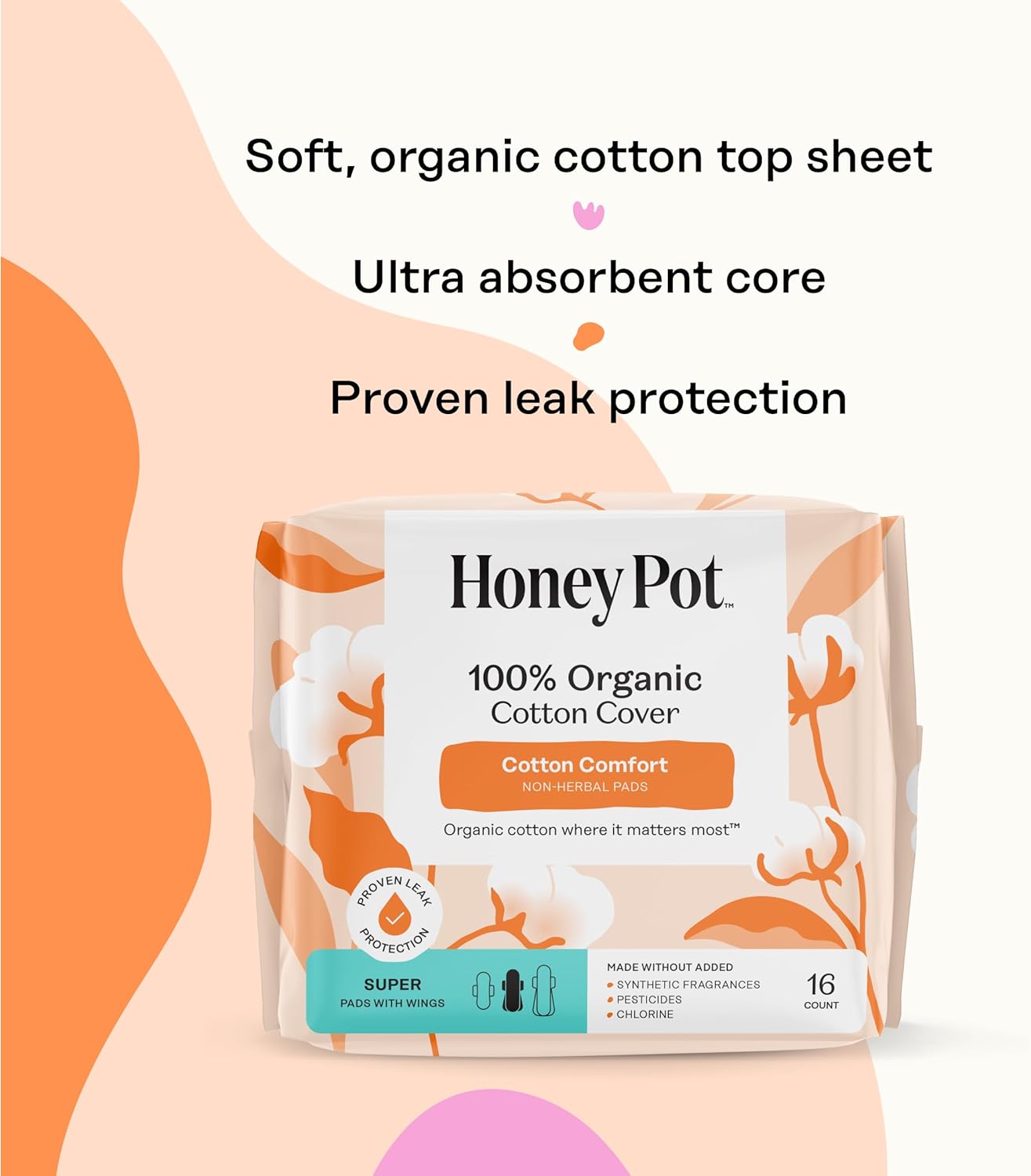 The Honey Pot Company - 64ct - Sanitary Pads for Women - Non-Herbal Super w/Wings - Organic - Cotton Cover, & Ultra-Absorbent Pulp Core - Feminine Care