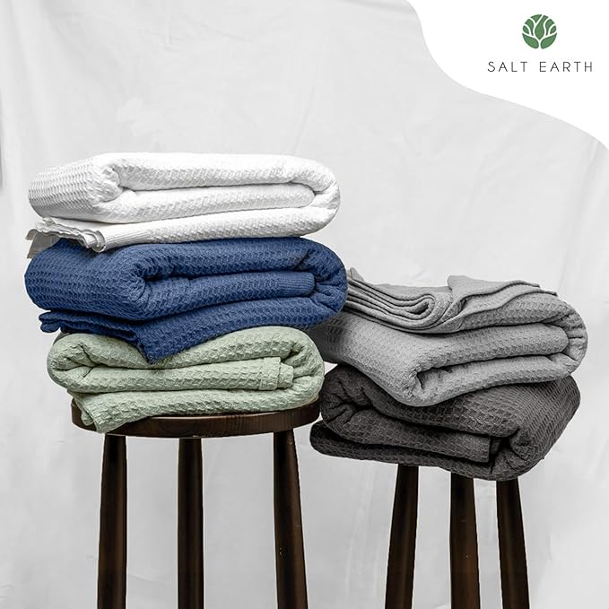 Salt Earth Organic Cotton Throw Blanket, King, 106"X92" Waffle Throws for Home, Bedrooms, Outdoor & Office Couch, Modern & Cozy Bed Room Decor Blankets,Lightweight All Season Western Blanket (Navy)