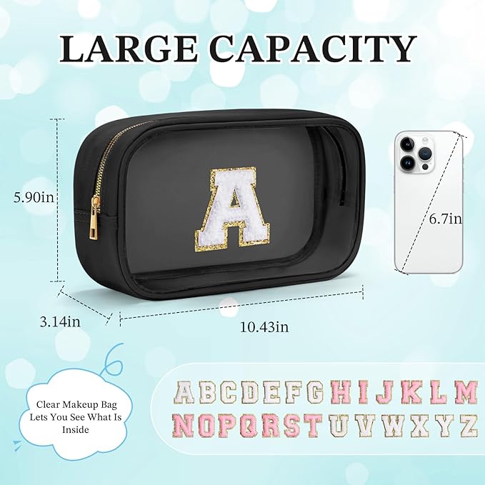 YOOLIFE Initial Travel Makeup Bag Pouch, Clear Toiletry Bag for Women Travel Accessories Cosmetic Bag Skin Care for Teen Make Up Bags Birthday Gifts for Women Unique Teacher Mom Friends Gifts Black R