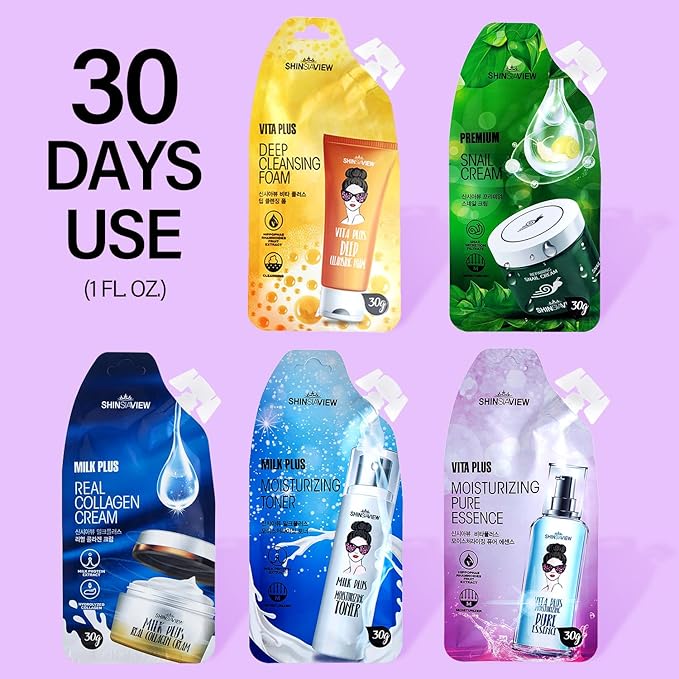 Skin Hydrating Kit Travel Mini Size 5 STEP Skincare Set for Healthier 30 Days Supply with Pouch