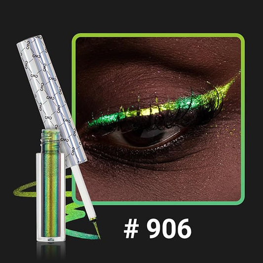 CHARMACY Chameleon Eyeliner Liquid Liner, Glitter liquid eyeliner waterproof, Metallic Intense Color Shifting Colorful Eyeliner, Long wearing,Ultra-Fine Tip Smudge-proof,YELLOW GREEN INDIGO 906