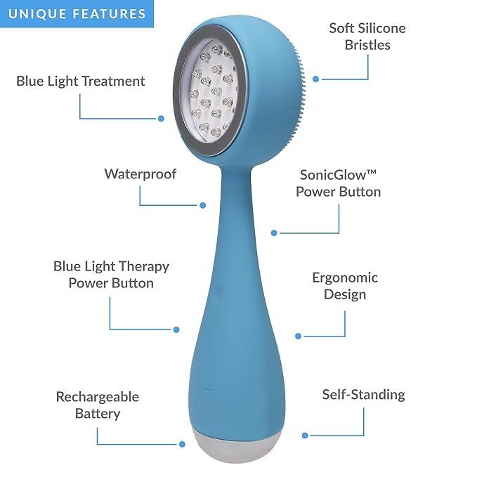 PMD Beauty Facial Cleansing Brush - Smart Silicone Brush with Blue Light Treatment - SonicGlow Vibration - Waterproof Device for Acne
