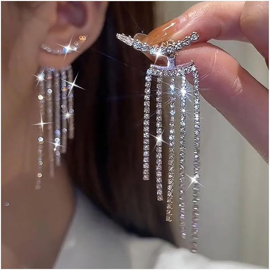 Vintage Rhinestone Chandelier Drop Earrings Crystal Ear Climber Earrings Long Tennis Chain Earrings Silver Cz Tennis Chain Tassel Earrings Jewelry for Women