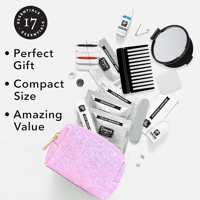Pinch Provisions Orchid Glitter Minimergency Kit, includes 17 Travel-Sized Cosmetic Essentials, Convenient for Purses, Emergency Beauty Accessories, Gifts for Holiday’s & Birthday’s
