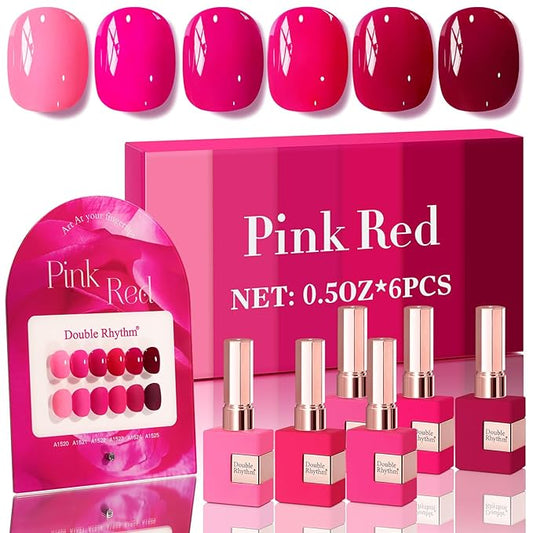 Double Rhythm 6 Pcs 15 ML Gel Polish Set Same Color Same Bottle Soak Off Gel Polish Kit Nail Art Manicure Salon DIY at Home for Women (Neon Light Pink Purple Burgundy Red-T6-8)